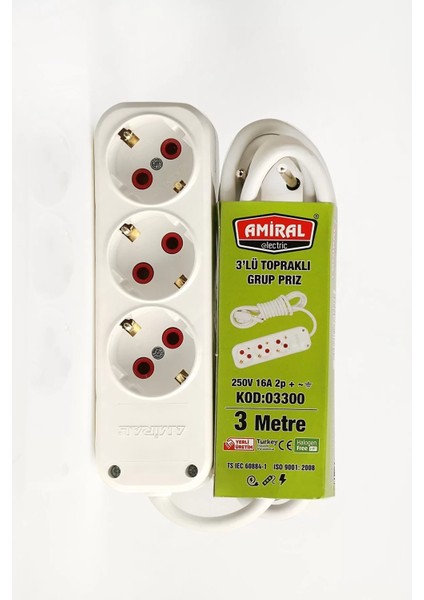 3' Lü Topraklı 3 Metre Kablolu Grup Priz