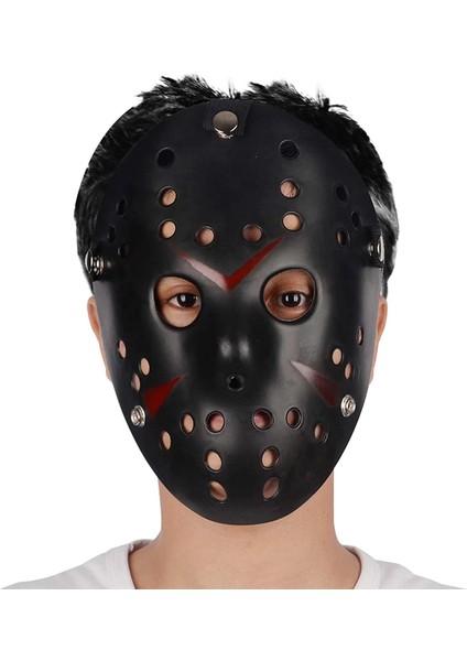 Siyah Renk Kırmızı Çizgili Tam Yüz Hokey Jason Maskesi Hannibal Maskesi