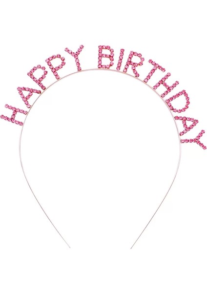 Pembe Renk Kristal Taşlı Gold Renk Kaplama Happy Birthday Taç 16 x 17 cm