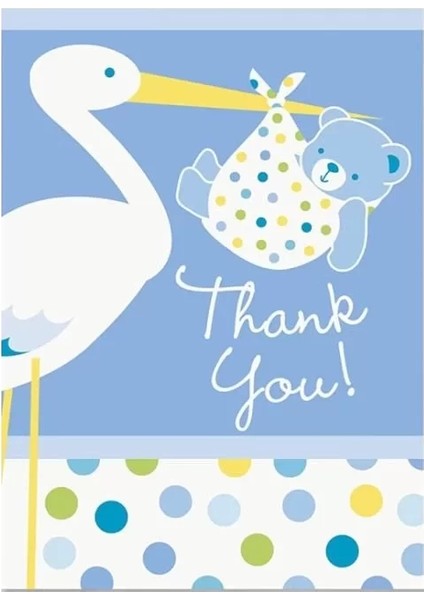 Mavi Renk Baby Stork Baby Shower Teşekkür Zarfı ve Not Seti 8 Adet fiyatları