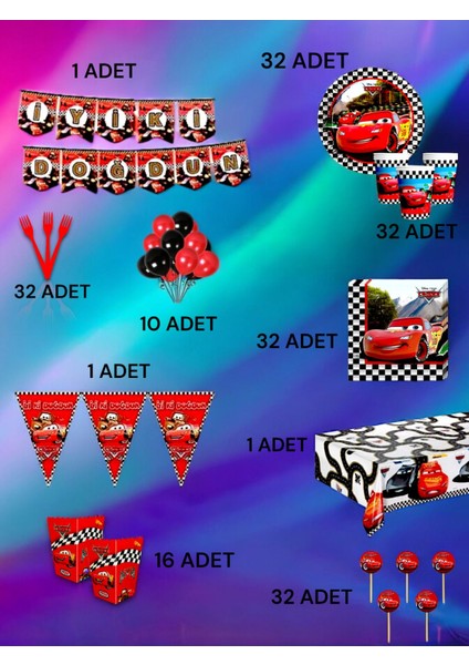 32 Kişilik Cars Temalı Ultra Lüx Set - Doğum Günü Parti ve Eğlenceli Etkinlikler