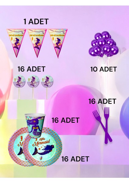 16 Kişilik Deniz Kızı Temalı M Paket - Doğum Günü Parti ve Eğlenceli Etkinlikler