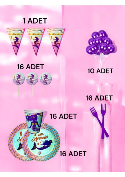 16 Kişilik Deniz Kızı Temalı M Paket - Doğum Günü Parti ve Eğlenceli Etkinlikler