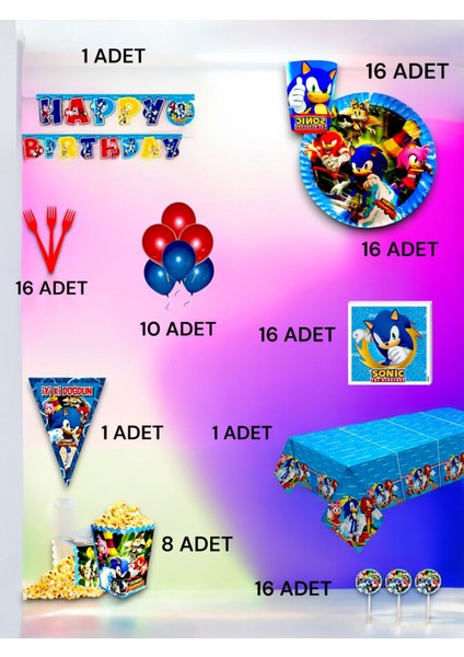 16 Kişilik Sonic Temalı Ultra Lüx Set - Doğum Günü Parti ve Eğlenceli Etkinlikler