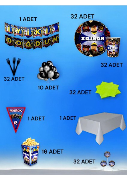 32 Kişilik Roblox Temalı Ultra Lüx Set - Doğum Günü Parti ve Eğlenceli Etkinlikler