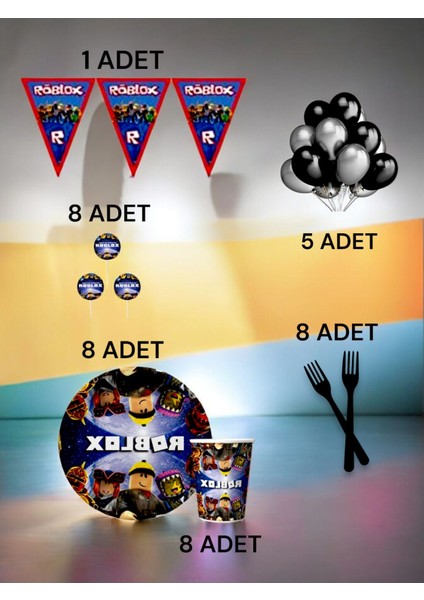 8 Kişilik Roblox Temalı M Paket - Doğum Günü Parti ve Eğlenceli Etkinlikler