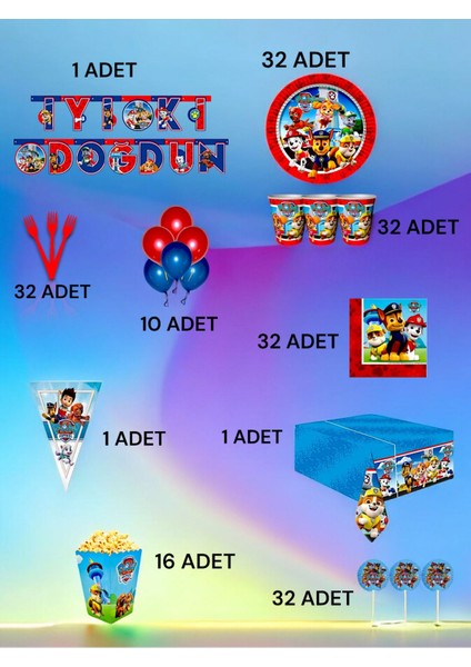 32 Kişilik Paw Patrol Temalı Ultra Lüx Set - Doğum Günü Parti ve Eğlenceli Etkinlikler