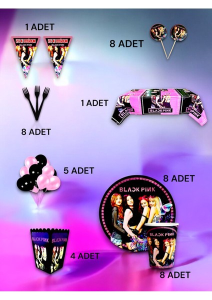 8 Kişilik Black Pink Temalı Lüx Set - Doğum Günü Parti ve Eğlenceli Etkinlikler