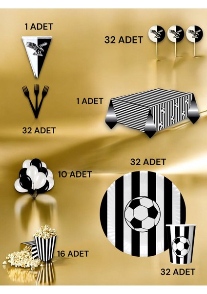32 Kişilik Siyah Beyaz Taraftar Lüx Set - Doğum Günü Parti ve Eğlenceli Etkinlikler