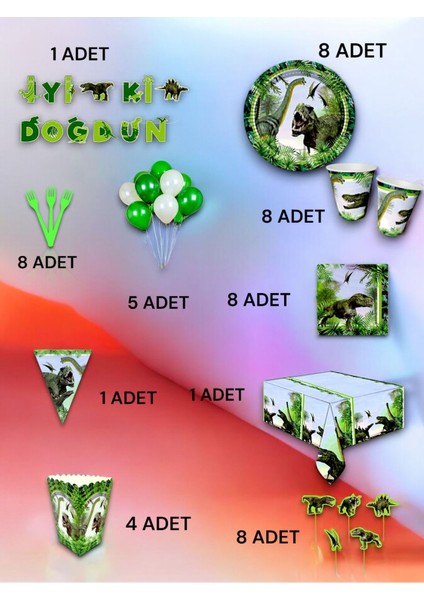 8 Kişilik Dinazor Temalı Ultra Lüx Set - Doğum Günü Parti ve Eğlenceli Etkinlikler