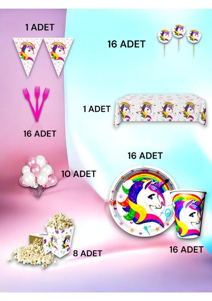 16 Kişilik Unicorn Temalı Lüx Set - Doğum Günü Parti ve Eğlenceli Etkinlikler
