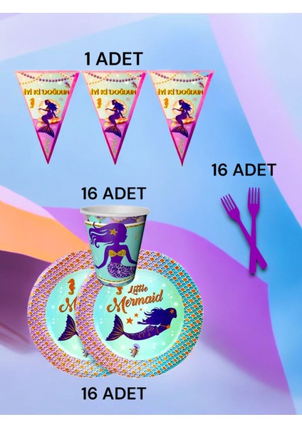 16 Kişilik Deniz Kızı Temalı S Paket - Doğum Günü Parti ve Eğlenceli Etkinlikler