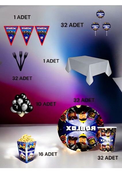 32 Kişilik Roblox Temalı Lüx Set - Doğum Günü Parti ve Eğlenceli Etkinlikler