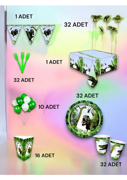 32 Kişilik Dinazor Temalı Lüx Set - Doğum Günü Parti ve Eğlenceli Etkinlikler