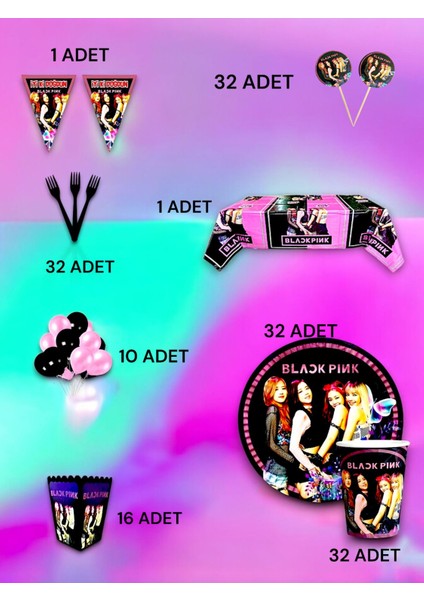 32 Kişilik Blackpink Temalı Lüx Set - Doğum Günü Parti ve Eğlenceli Etkinlikler