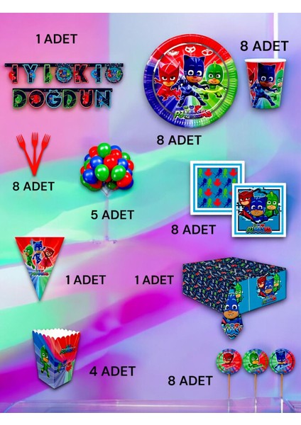 8 Kişilik Pijamask Temalı Ultra Lüx Set - Doğum Günü Parti ve Eğlenceli Etkinlikler