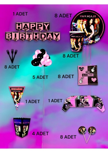 8 Kişilik Black Pink Temalı Ultra Lüx Set - Doğum Günü Parti ve Eğlenceli Etkinlikler