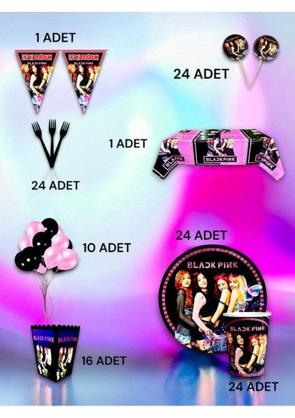 24 Kişilik Black Pink Temalı Lüx Set - Doğum Günü Parti ve Eğlenceli Etkinlikler