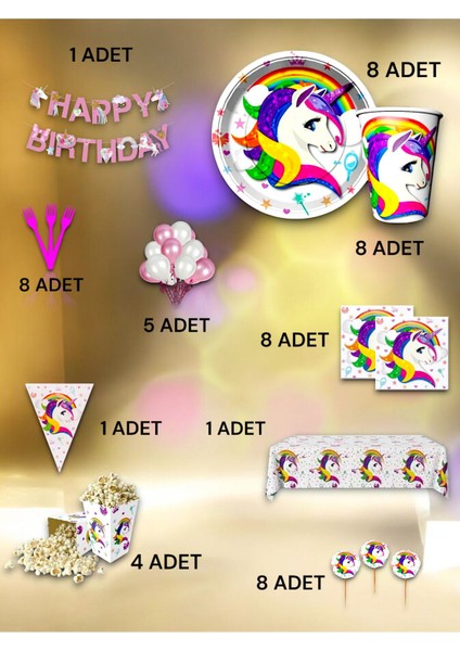 8 Kişilik Unicorn Temalı Ultra Lüx Set - Doğum Günü Parti ve Eğlenceli Etkinlikler