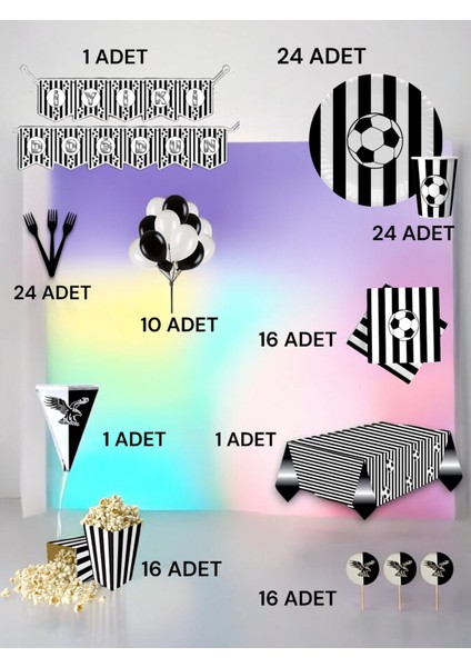 24 Kişilik Siyah Beyaz Taraftar Ultra Lüx Set - Doğum Günü Parti ve Eğlenceli Etkinlikler