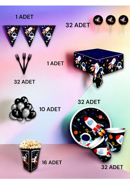 32 Kişilik Uzay Temalı Lüx Set - Doğum Günü Parti ve Eğlenceli Etkinlikler