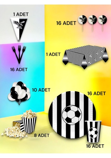 16 Kişilik Siyah Beyaz Taraftar Lüx Set - Doğum Günü Parti ve Eğlenceli Etkinlikler