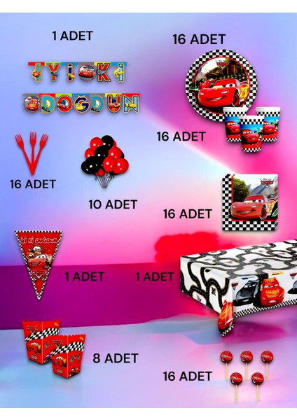 16 Kişilik Cars Temalı Ultra Lüx Set - Doğum Günü Parti ve Eğlenceli Etkinlikler