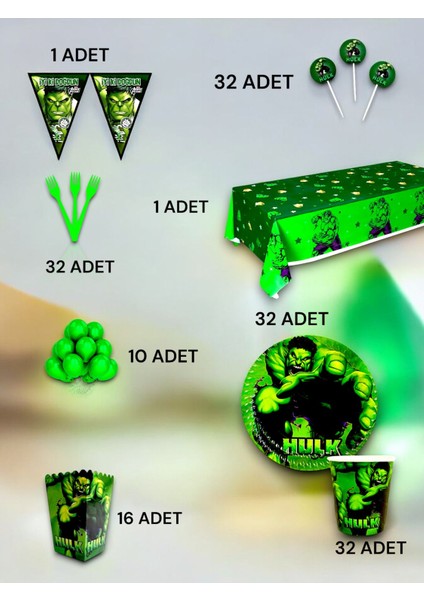 32 Kişilik Hulk Temalı Lüx Set - Doğum Günü Parti ve Eğlenceli Etkinlikler