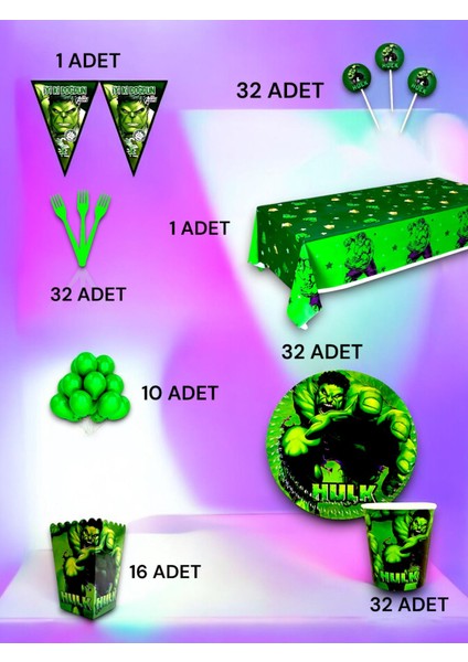 32 Kişilik Hulk Temalı Lüx Set - Doğum Günü Parti ve Eğlenceli Etkinlikler fiyatları