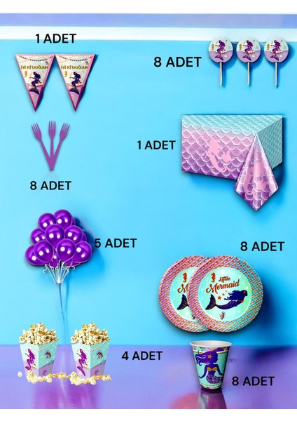 8 Kişilik Deniz Kızı Temalı Lüx Set - Doğum Günü Parti ve Eğlenceli Etkinlikler