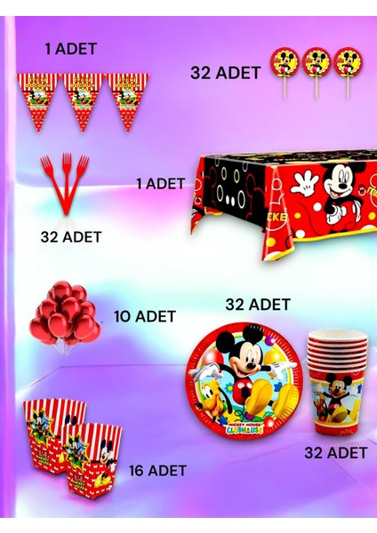 32 Kişilik Mickey Mouse Temalı Lüx Set - Doğum Günü Parti ve Eğlenceli Etkinlikler