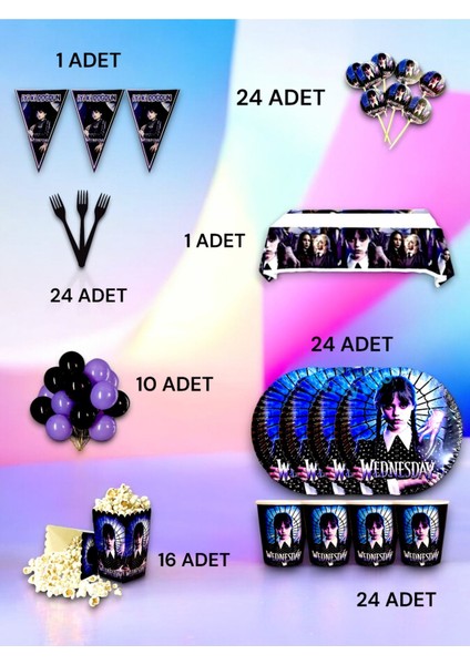 24 Kişilik Wednesday Temalı Lüx Set - Doğum Günü Parti ve Eğlenceli Etkinlikler
