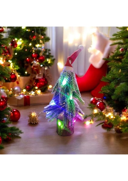 2 Adet Beyaz Karlı Yılbaşı Ağacı Renkli LED Işıklı Noel Ağacı Şapkalı Ahşap Kütüklü Noel Ağacı 22 cm