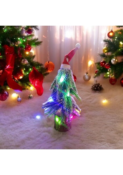 2 Adet Beyaz Karlı Yılbaşı Ağacı Renkli LED Işıklı Noel Ağacı Şapkalı Ahşap Kütüklü Noel Ağacı 22 cm