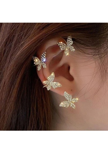 Deliksiz Kulağa Geçirmeli Kelebek Model Kıkırdak Küpe Gold Renk