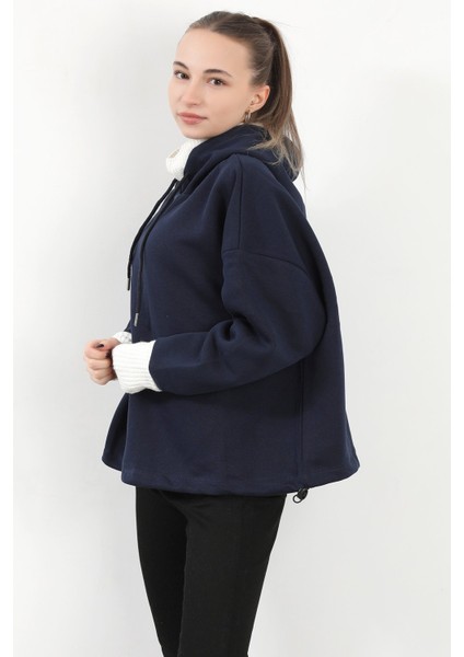 Kadın Stoperli Triko Detaylı Kapüşonlu Sweatshirt Lacivert - 5086 fiyatları