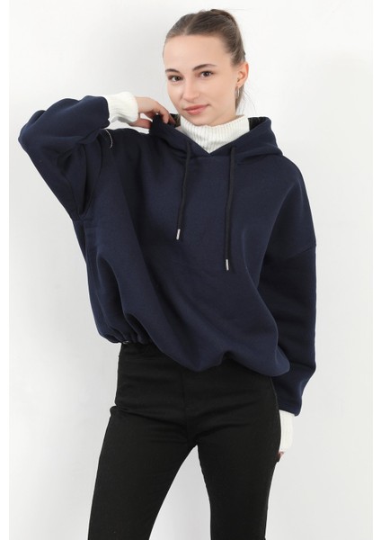 Kadın Stoperli Triko Detaylı Kapüşonlu Sweatshirt Lacivert - 5086 modelleri