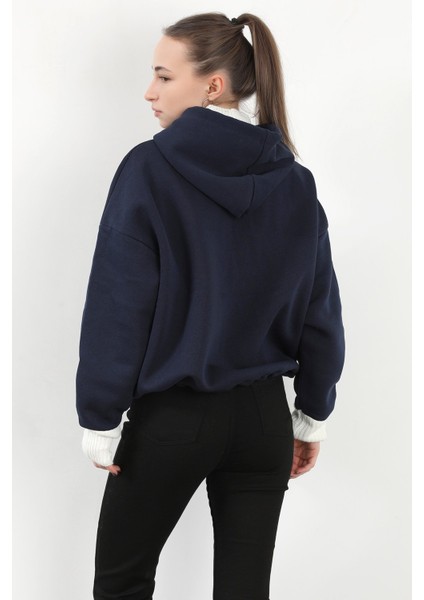 Kadın Stoperli Triko Detaylı Kapüşonlu Sweatshirt Lacivert - 5086 fırsatları