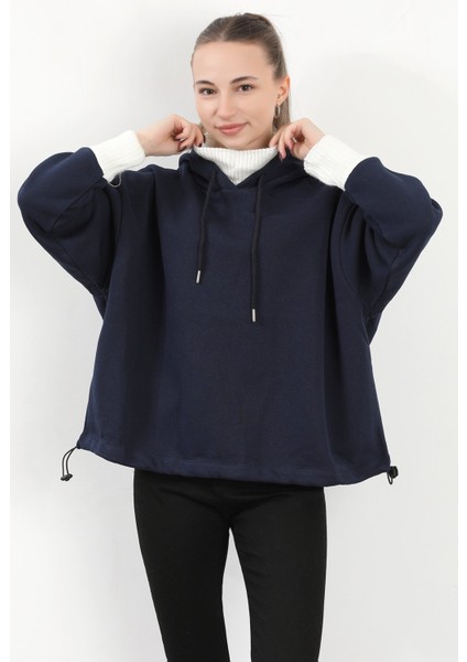 Kadın Stoperli Triko Detaylı Kapüşonlu Sweatshirt Lacivert - 5086 indirimleri