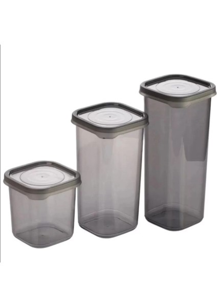 3 Adet 3 Boy Siyah Saydam Plastik Kavanoz Saklama Kabı Kapaklı Kare Model