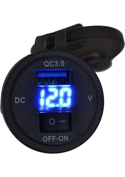 12V-24V DİJİTAL VOLTMETRE+ŞARJ CİHAZLI (USB) (3 A) (OFF-ON ANAHTARLI) (MAVİ IŞIK) (28 MM)