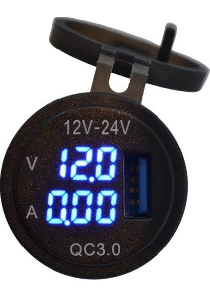 12V-24V DİJİTAL VOLTMETRE+AMPERMETRE+ŞARJ CİHAZLI (USB) (3 A) (MAVİ IŞIK) (28 MM)