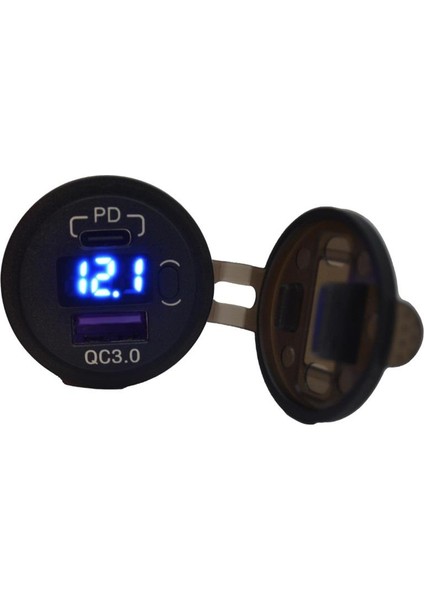 12V-24V Dijital Voltmetre+Şarj Cihazlı (Usb+Type-C) (3 A) (Off-On Anahtarlı) (Mavi Işık) (28 Mm)