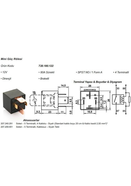 12V Röle 4 Uçlu 80 A (70 A Tipi) (2 Uç Küçük / 2 Uç Büyük) (6.3 mm / 9.5 Mm) (Dirençli)