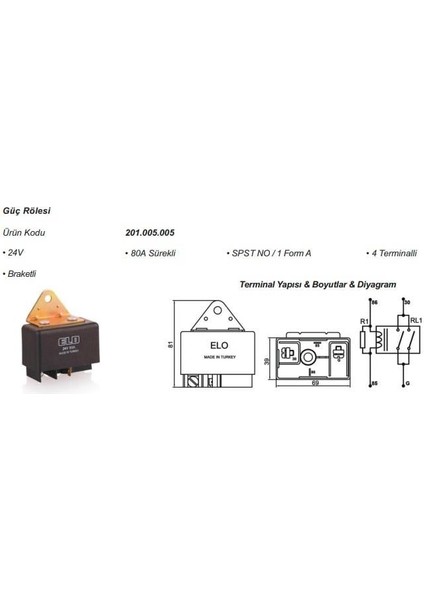 24V Röle 4 Uçlu 80 A (Büyük Tip) (Dirençli)