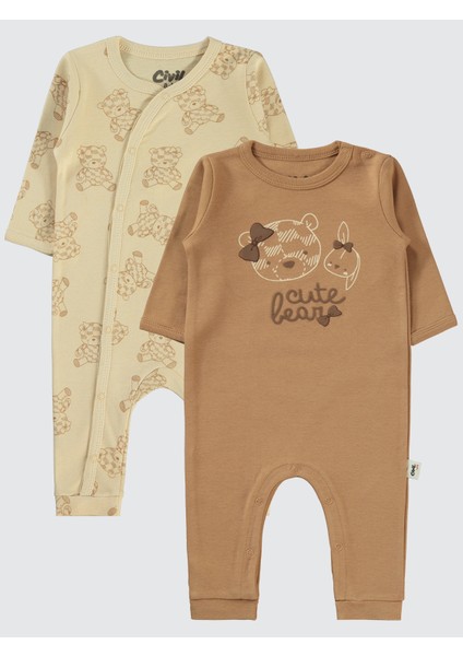 Kız Bebek 2'li Patiksiz Tulum 3-9 Ay Kahve