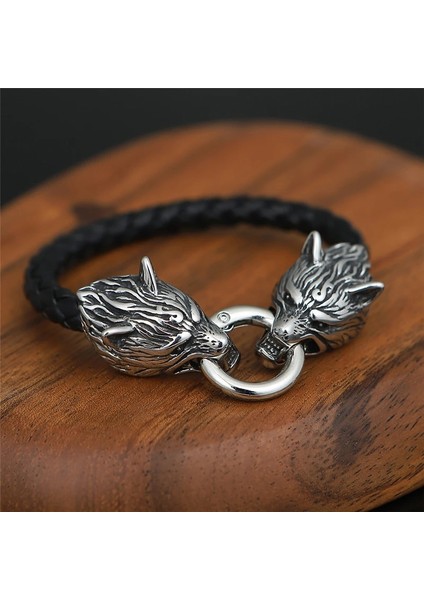 19CM Tarzı Çelik Deri Punk Iskandinav Viking Kurt Başkanı Bilezikler Altın Asla Solmaz Paslanmaz Çelik Hasır Zincir Bileklik Antik Siyah Muska Takı Aksesuarları (Yurt Dışından)