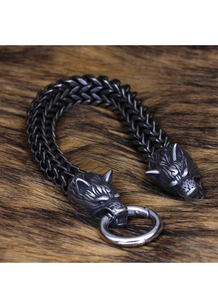 19CM Tarzı Çelik Deri Punk Iskandinav Viking Kurt Başkanı Bilezikler Altın Asla Solmaz Paslanmaz Çelik Hasır Zincir Bileklik Antik Siyah Muska Takı Aksesuarları (Yurt Dışından) indirimleri