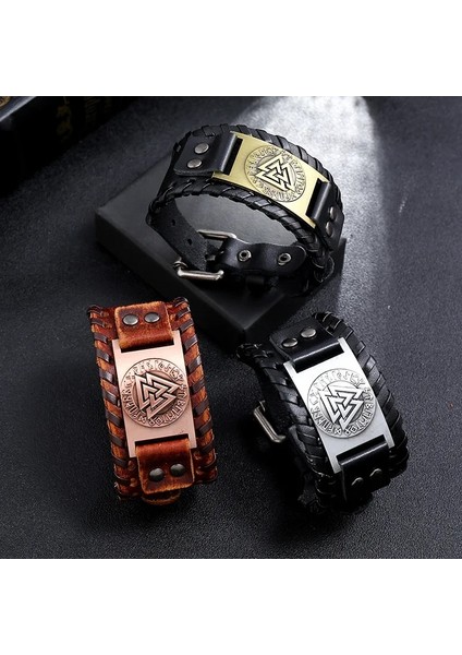NO.84009 Beden Zorcvens Punk Vintage Norveç Valknut Muska Deri Bileklik Üçgen Viking Bileklik Runes Erkek Bileklik (Yurt Dışından) fiyatları