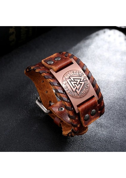 NO.84009 Beden Zorcvens Punk Vintage Norveç Valknut Muska Deri Bileklik Üçgen Viking Bileklik Runes Erkek Bileklik (Yurt Dışından) fırsatları